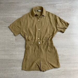 Zara Olive-Tan Short Sleeve Button Romper